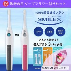 画像1:  ㊗ 敬老の日 ソープフラワー付きセット【数量限定】  いろいろ試せる！替えブラシ３パック付  超音波歯ブラシ スマイルエックス AU-300D   グレー  or ピンク  (1)